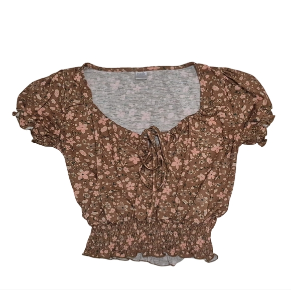 Simons Puff Sleeve Tie Front Blouse in Brown and Tan - Picture 1 of 7